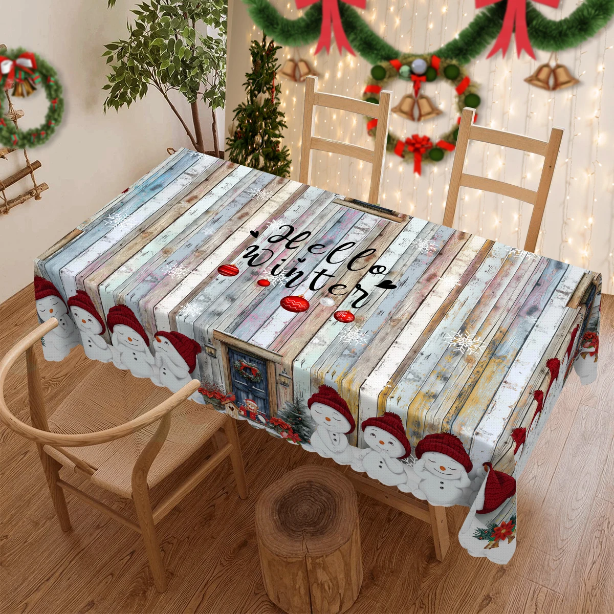 Winter-Themed Cute Snowman Tablecloth, Classic Retro Wooden Board Style, Featuring Four Adorable Snowmen with Different Expressions and a Bear Print Pattern, with the Text 