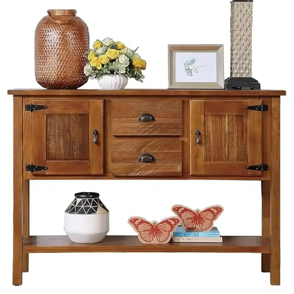 Solid Wood Retro Console Table with Storage Drawers and Shelves Vintage Farmhouse Sideboard Entryway Dining Room Living Room