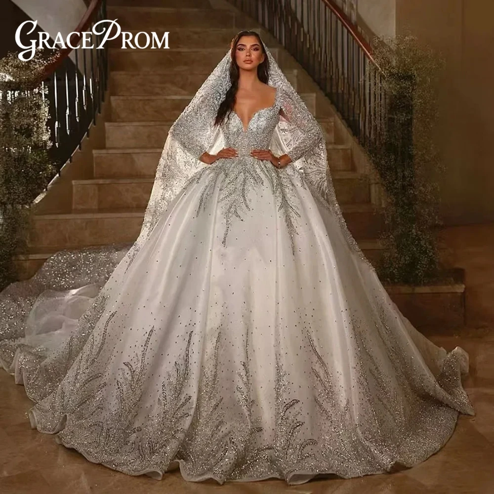 

Luxe Sparkly Rhinestone Wedding Dress For Bride Long Sleeves Sexy Deep V Neck Beaded Ball Gown With Cathedral Train No Veil
