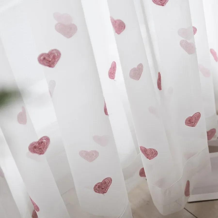 

Cartoon Sweet Pink Heart Tulle Sheer Curtains For Kid's Girls Bedroom Blue Embroidered Living Room Mesh Fabircs Window Panel #3