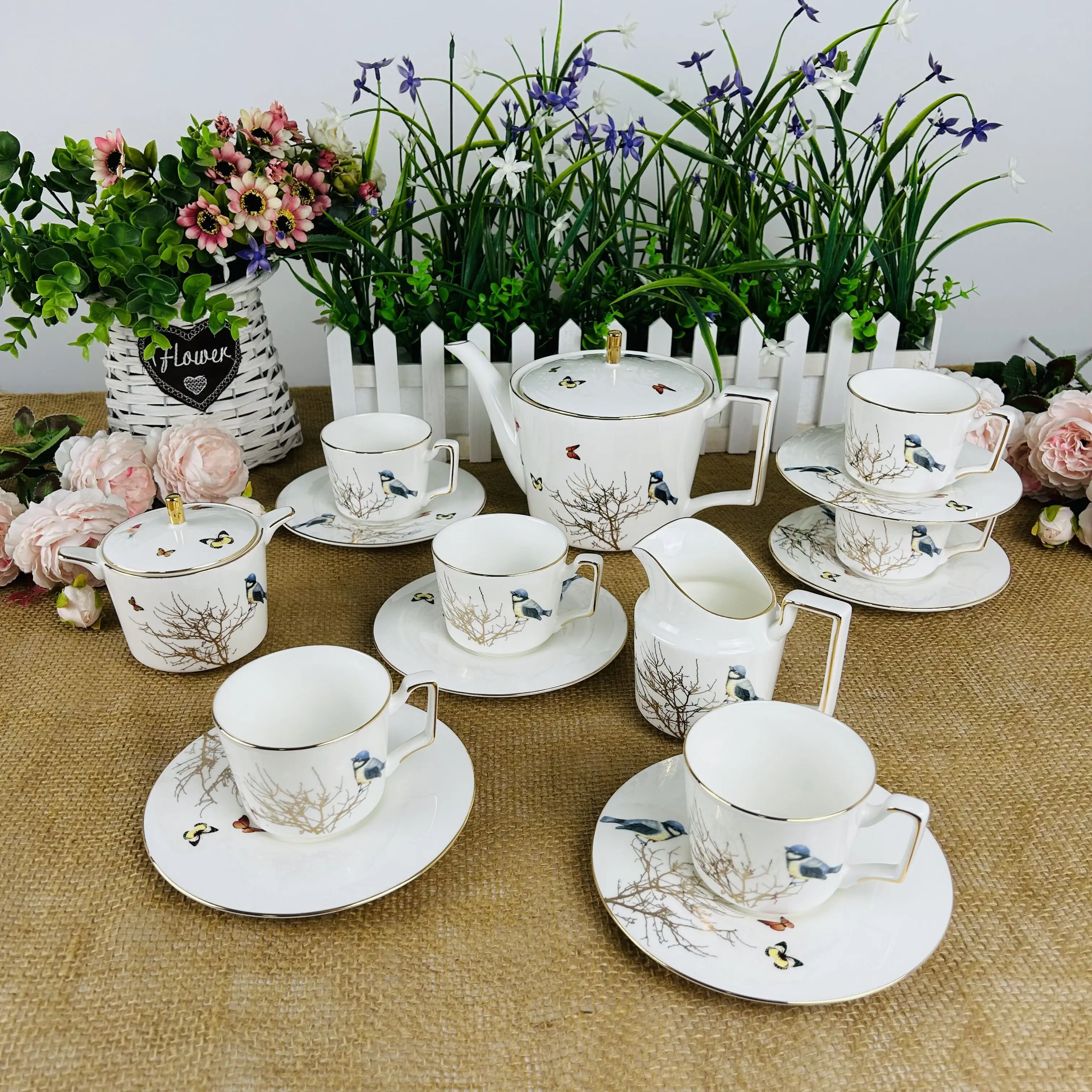 British Bone China Bird Butterfly Coffeeware, Court Coffee Cup, Cream Jar, Sugar Bowl, Afternoon Teaware, Black Coffee Tea