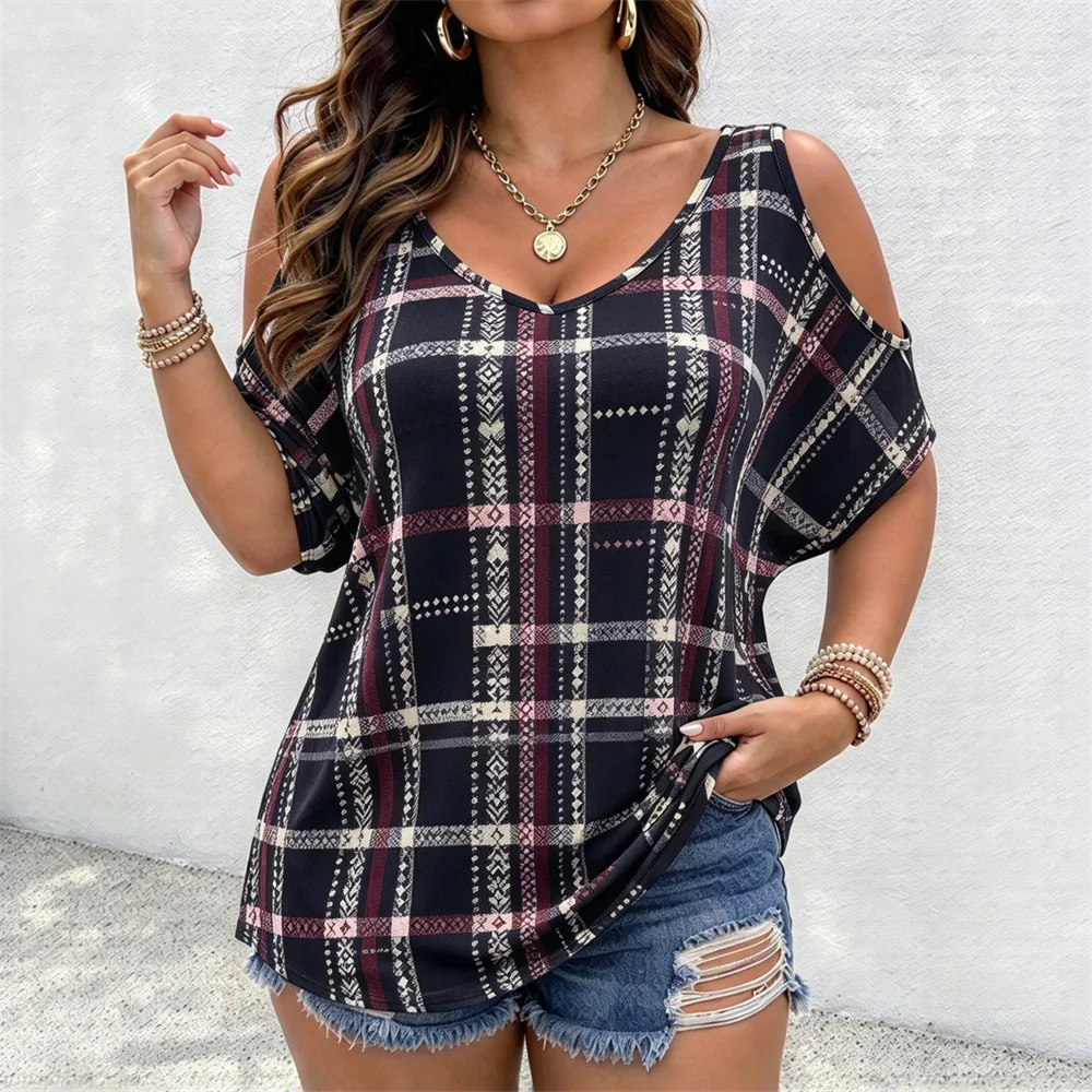Summer Women's Off Shoulder T-shirt Cotton Casual Grid T-shirt Comfortable Women T-Shirts Off Shoulder T-shirts Women's Clothing