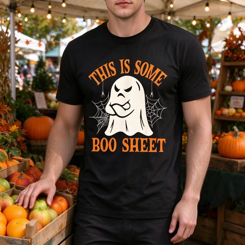 This Is Some Boo Sheet Ghost Spider Web Graphic Men 100% Cotton T-shirt Funny Halloween Print Casual Streetwear Party Daily Top