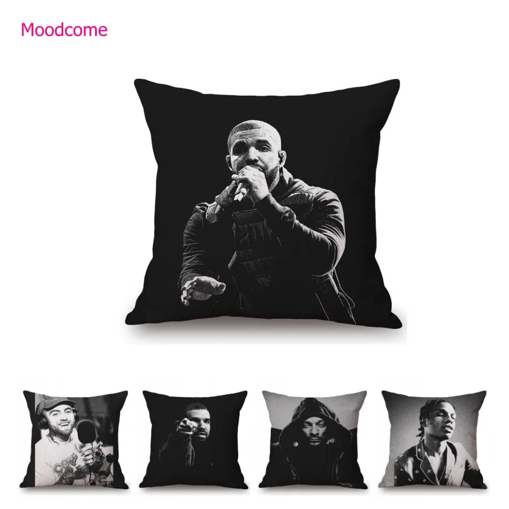 Vintage Rap Music Poster Black White Rapper Drake Idol Art Cotton Linen Sofa Pillow Case Nostalgic Bar Chair Cushion Cover