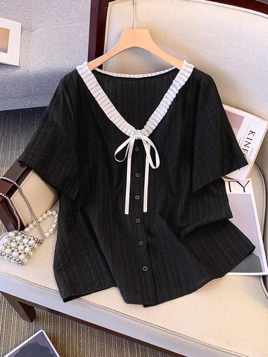 

150Kg Plus Size Women's Bust 156 Summer Loose Lace Sweet Silk Shirt V-Neck Short Sleeved Top Black 5XL 6XL 7XL 8XL 9XL