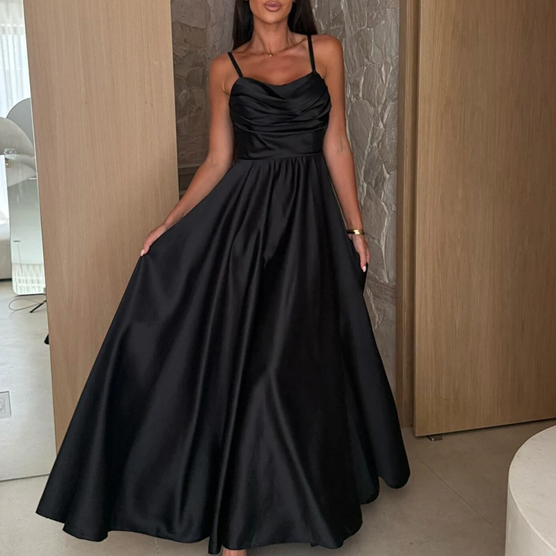 فستان سهرة أنيق بحزام سباغيتي بفتحة عالية فستان سهرة فاخر للولائم من الساتان فستان صيفي مثير بدون أكتاف فستان مطوي متين