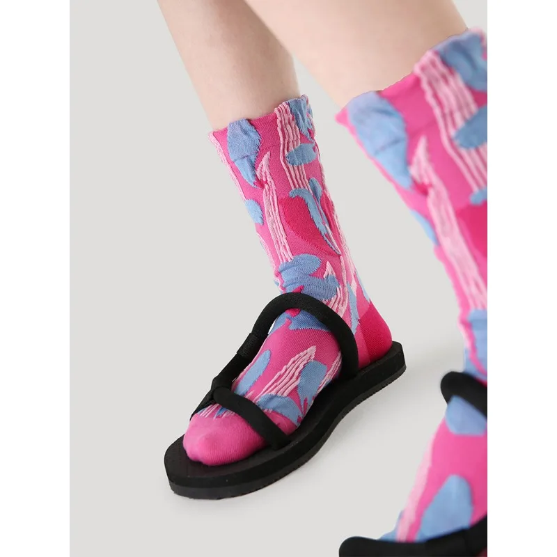 Calcetines de tubo medianos para mujer, medias deportivas pequeñas y frescas con relieve de Color contrastante, para primavera y otoño, 5 pares