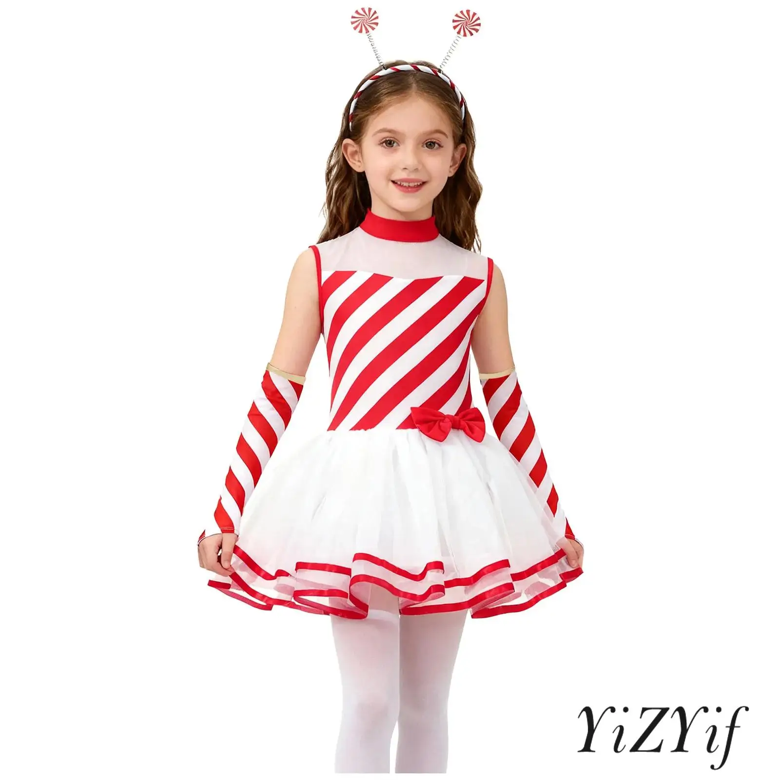

Girls Christmas Costume Outfit Sleeveless Striped Mesh Tutu Leotard Dress+Oversleeves+Hair Hoop Headband for Holiday Festival