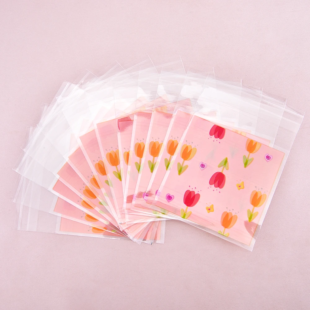 50pcs Tulips Plastic Packing Bags 7x7cm Self-Adhesive Pouches for Candy Cookies Jewelry Gift Packaging Festival Gift Bags