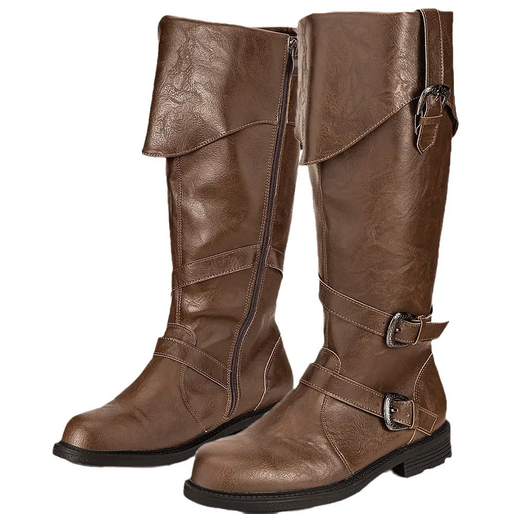 Middeleeuwse Renaissance Heren Retro Zwarte Viking Pu Leren Laarzen Mid-tube Gothic Western Cowboy Laarzen Cosplay Ridderlaarzen 2025