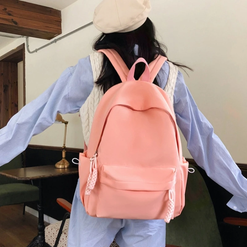 Women All-match Solid Color Backpack Teens Student Girl Large Capacity School Bookbag Casual Travel Nylon Rucksack for Daily Use