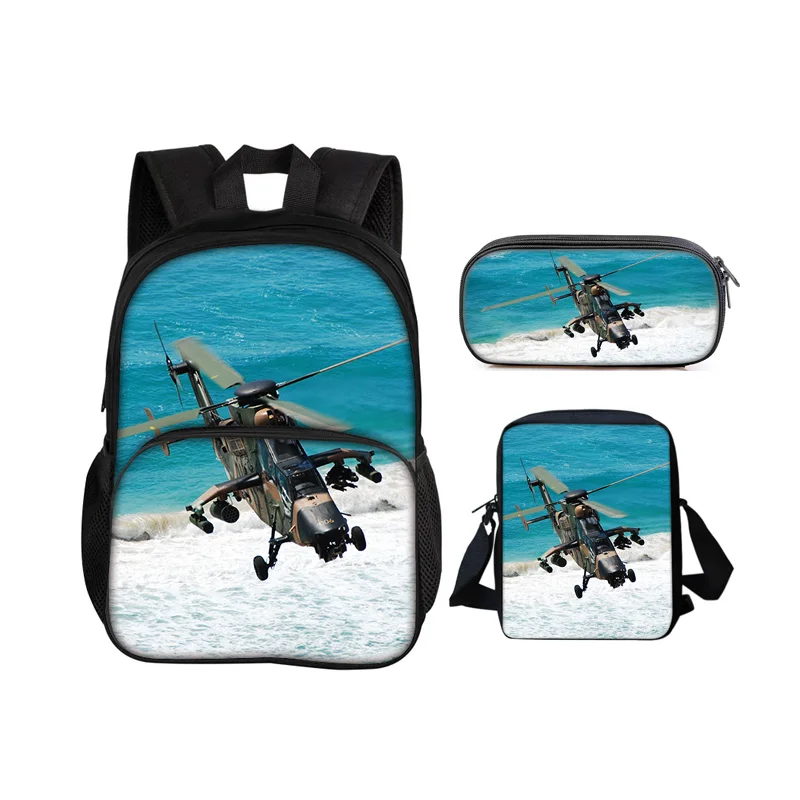Helicopter round front bag backpack pencil case shoulder bag 3Pcs Set mechanical printing best gift for boys and girls in school
