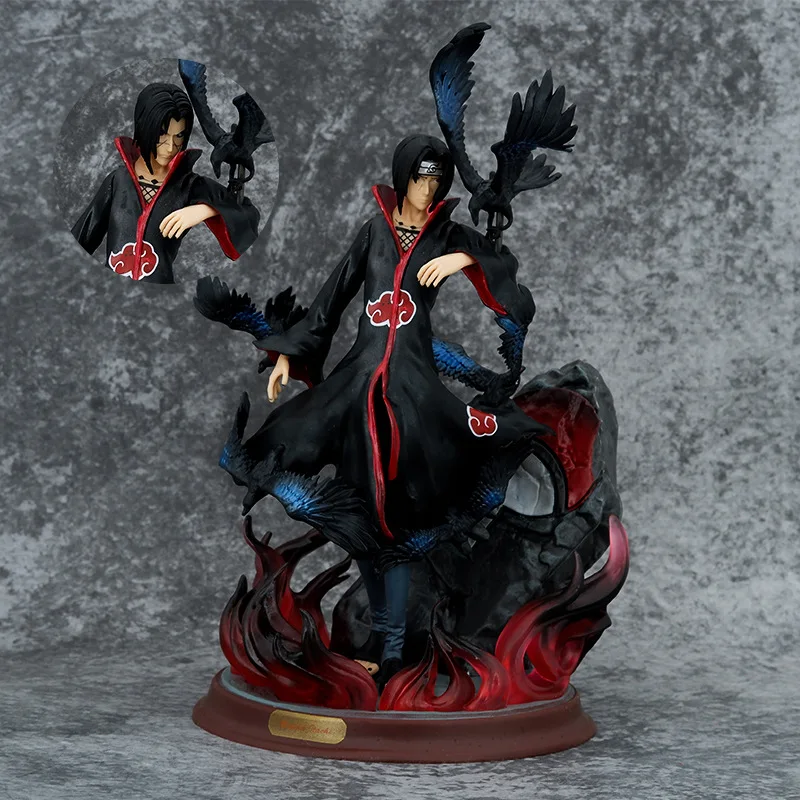 

Naruto 27CM GK Uchiha Itachi Figure With Crow Black Or Red Amaterasu Fire Akatsuki Statue Figurines PVC Desktop Decor Model Doll