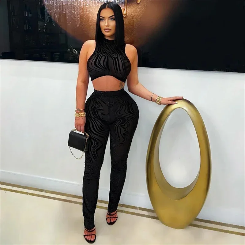 

Sexy Mesh See Through Night Club Outfits for Women 2 Piece Set Birthday Sleeveless Vest Crop Top and Leggings Rave Matching Sets