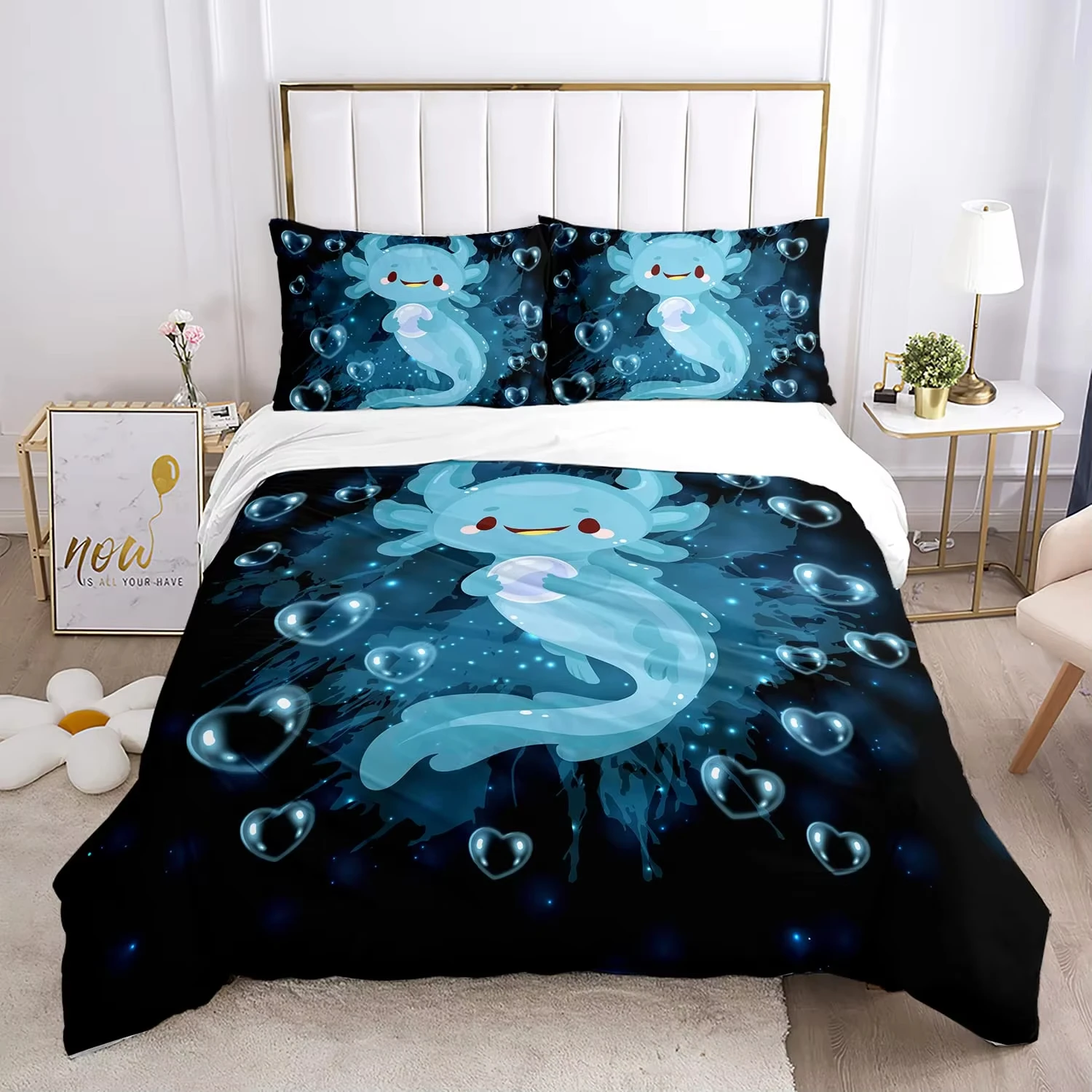 Cartoon Axolotl Duvet Cover Set Cute Salamander Bedding Set Kawaii Animal Queen Comforter Cover Boys Girls Women Bedroom Decor