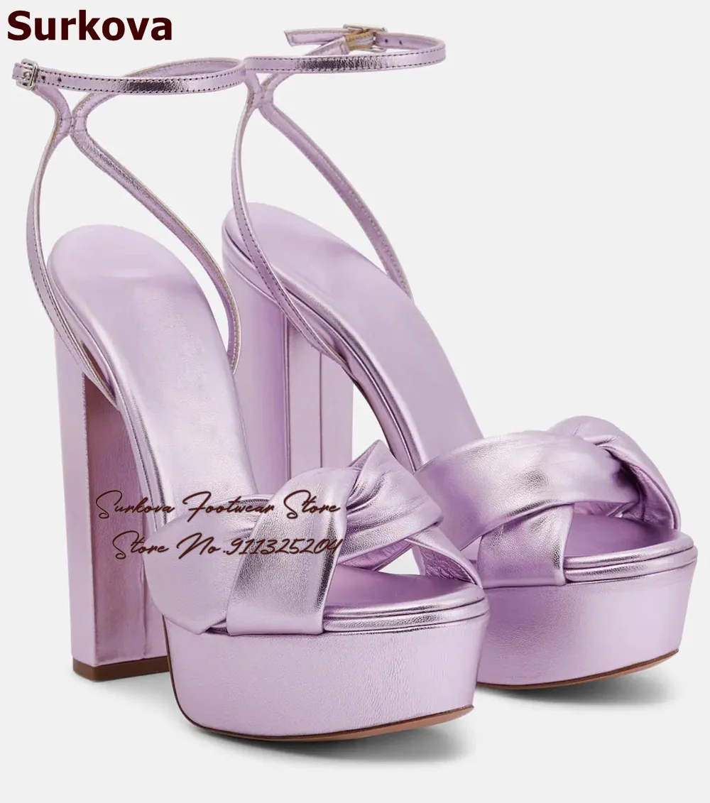 

Surkova Purple Elegant Butterfly-knot Chunky Heel Sandals High Platform Open Toe Bowtie Dress Shoes Buckle Strap Block Heels