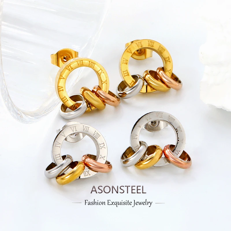 ASONSTEEL Fashion Stainless Steel Round Roman Numeral Stud Earrings Three Circular Rings For Women/Men Charm Jewelry Gift Bjioux