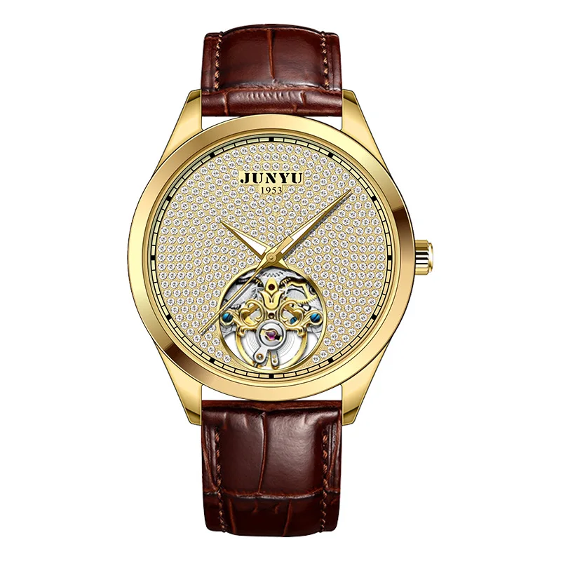 

Hollow Skeleton Watch Men Automatic Mechanical Watch with Diamond Embellishments, Waterproof Leather Strap