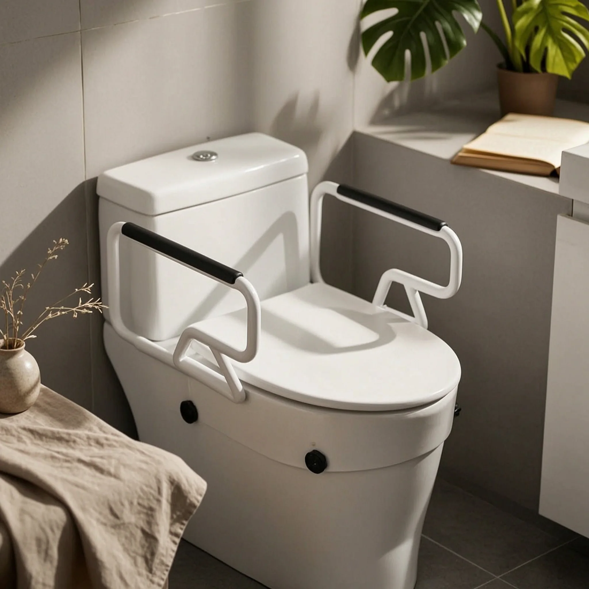Toilet Seat Riser with Armrests Padded Raised Toilet Seat with Handrails Flip-up Heavy-Duty for Elderly, Home Care, Bathroom
