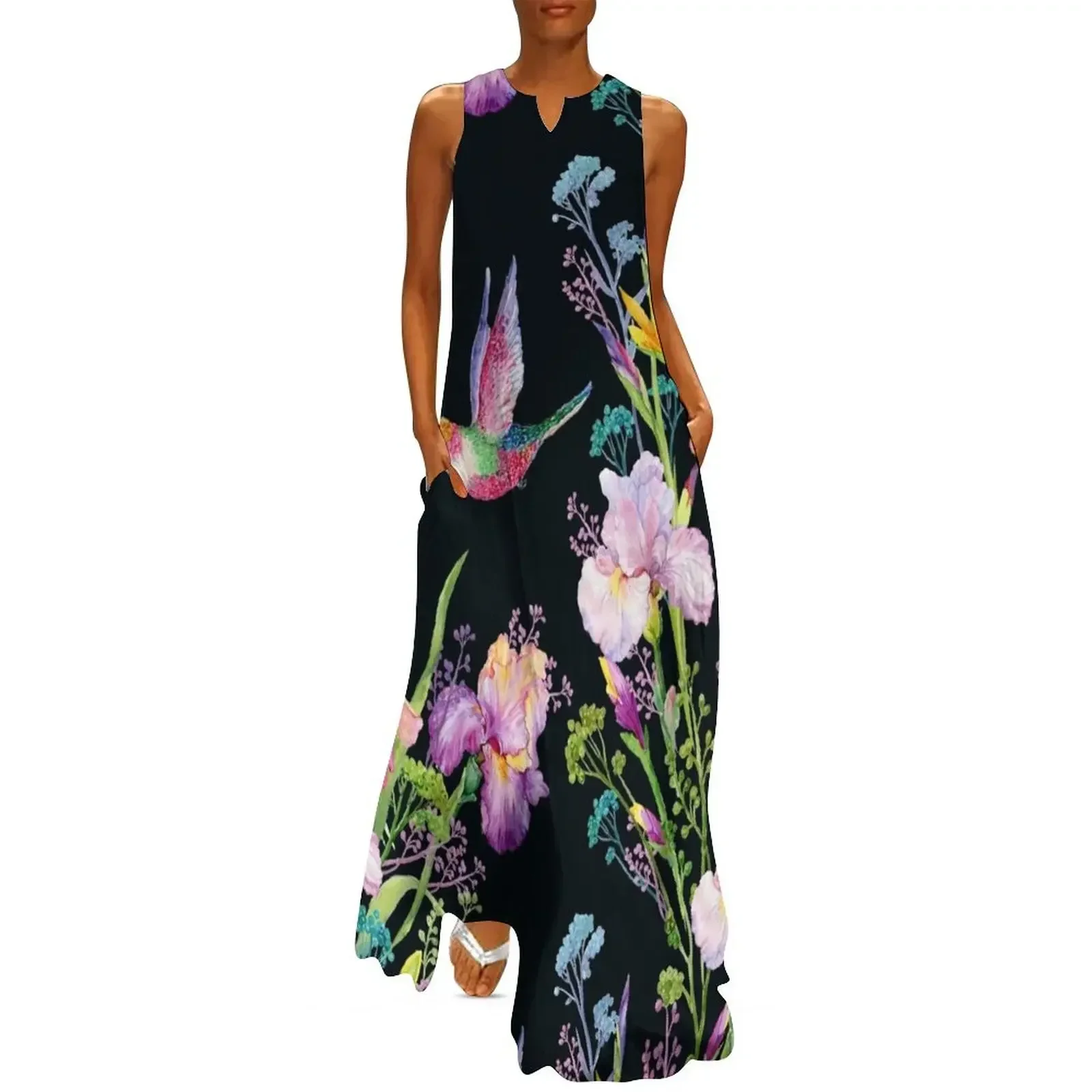 

iris flowers and hummingbirds .watercolor seamless pattern Long Dress Women's skirt dresses for woman 2025 bandage dress Dress