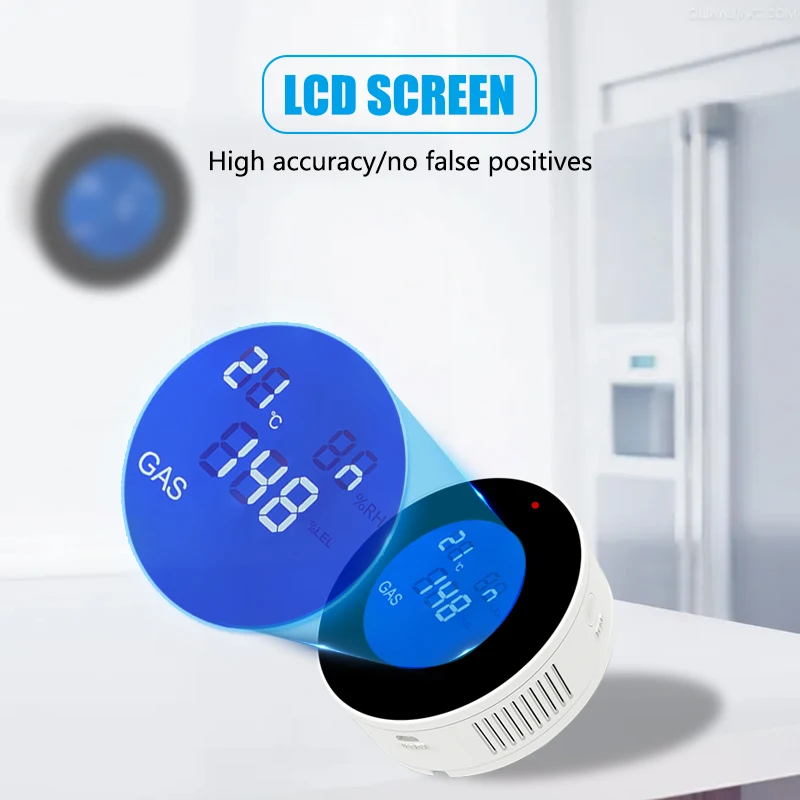 Tuya WiFi Smart Natural Gas Leakage Detector Fire Security Alarm Digital LCD Temperature Display Gas Sensor for Home Kitchen