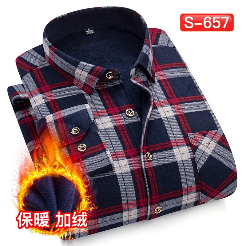 

Autumn Winter Men's Fleece Thickened Warm Long Sleeve Shirt Jacket Striped Non Ironing Plaid Business Shirts For Men