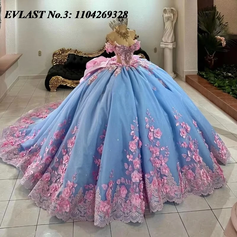 

EVLAST Блестящее синее платье Quinceanera по индивидуальному заказу с розовой цветочной аппликацией и бисером с бантом Sweet 16, платье Vestidos 15 De XV Años E3Q897