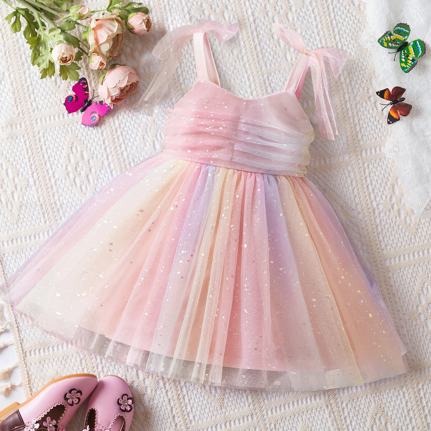 2024 New Baby Dress Girls Birthday Party Rainbow Princess Frock Summer Children Sequin Sleeveless Sling Sweet Tulle Dress 1-5Yrs