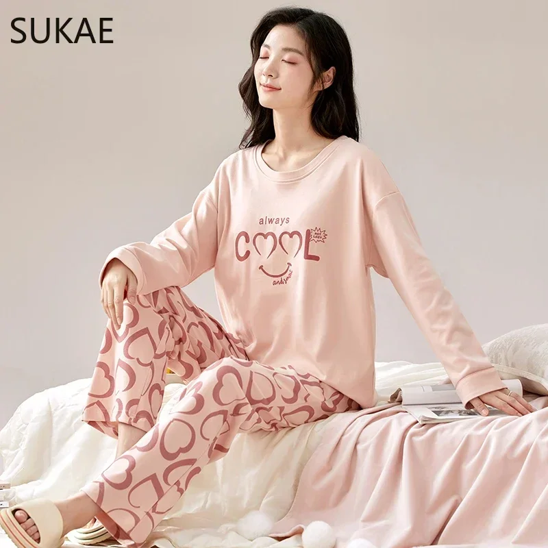 SUKAE New Autumn Winter Women Pajamas Long Sleeve O-neck Sleepwear Faux Cotton Soft Pijamas Leisure Cartoon Girls Homesuits Pjs