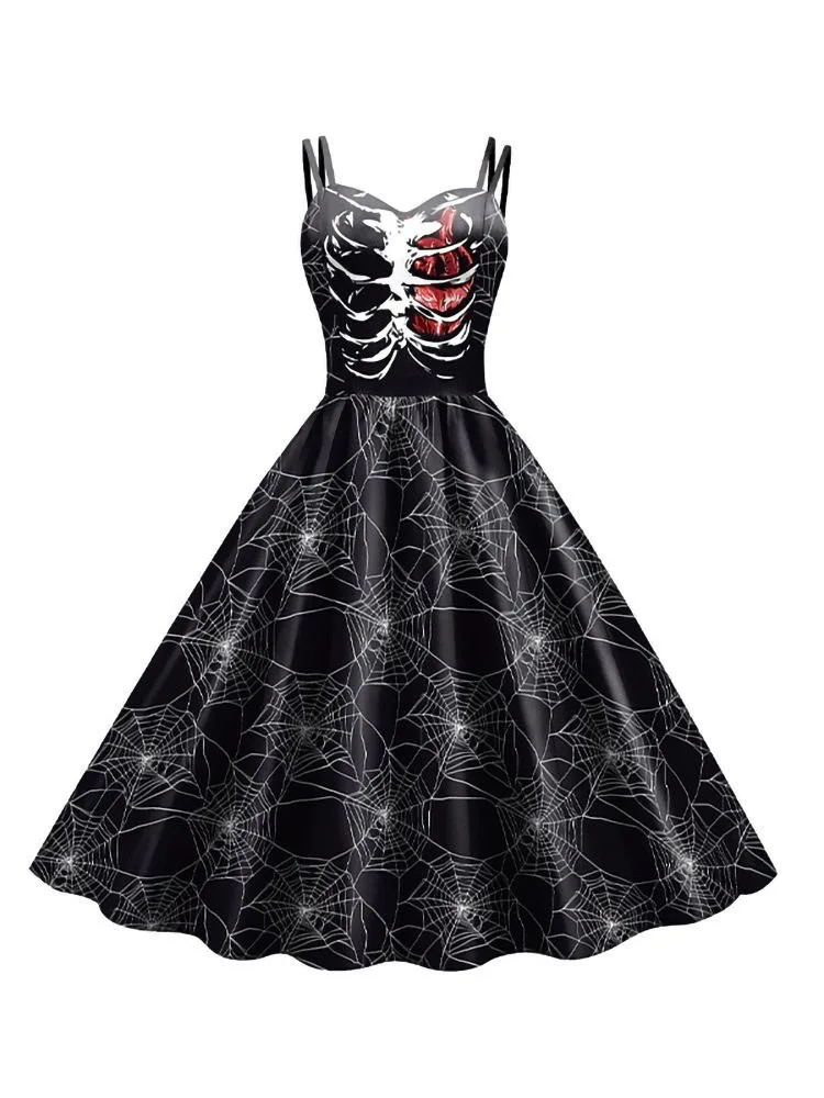 Vintage Gothic Doppelriemen-Swingkleid mit Skelett-Brustmuster, mehrfarbigem Blumen- und Totenkopf-Aufdruck, Damen-Halloween-Cosplay-Kostüm – Detail 5