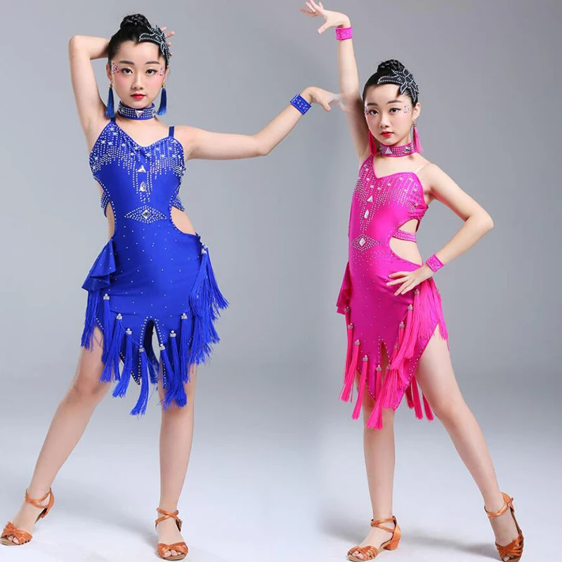 Glands paillettes filles salle de bal danse latine vêtements enfants Salsa compétitions Costumes filles patinage artistique robe Rave vêtements