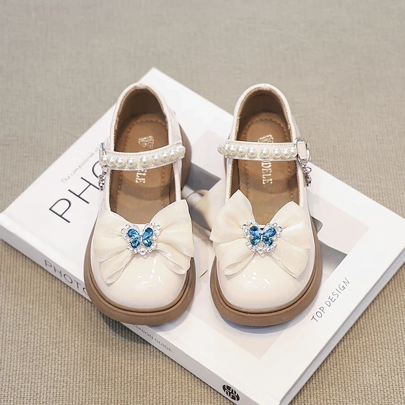 Girl Leather Shoes Mary Jane for Wedding Party Children Fashion Sweet Crown Bowknot Single Shoes Elegant Kid Princess Flat Shoes