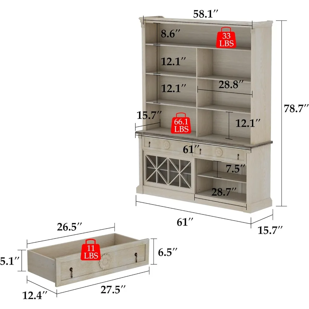 Large 7-Tier Bookcase Bookshelf with Sliding Glass Doors, 7 Open Shelves & 2 Drawers, 78.7