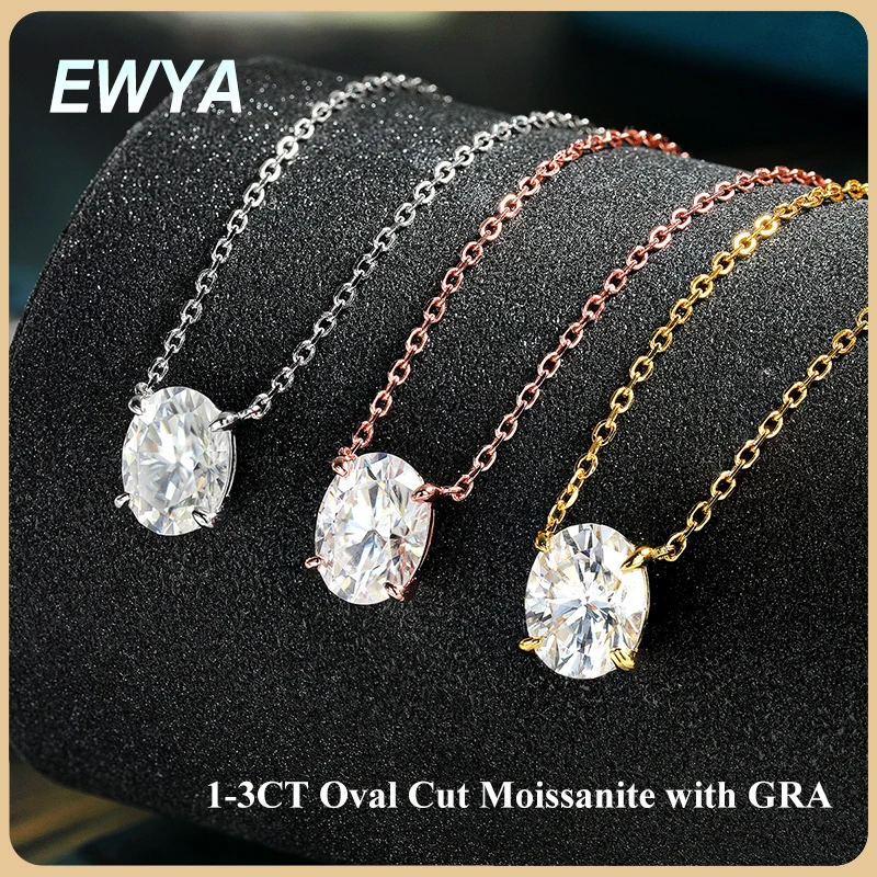 

EWYA Solitaire Овальная огранка 1/2/3CT D Цвет Муассанит Бриллиантовый кулон Ожерелье для женщин и мужчин 925 Посеребренная 18-каратная цепочка на шею GRA