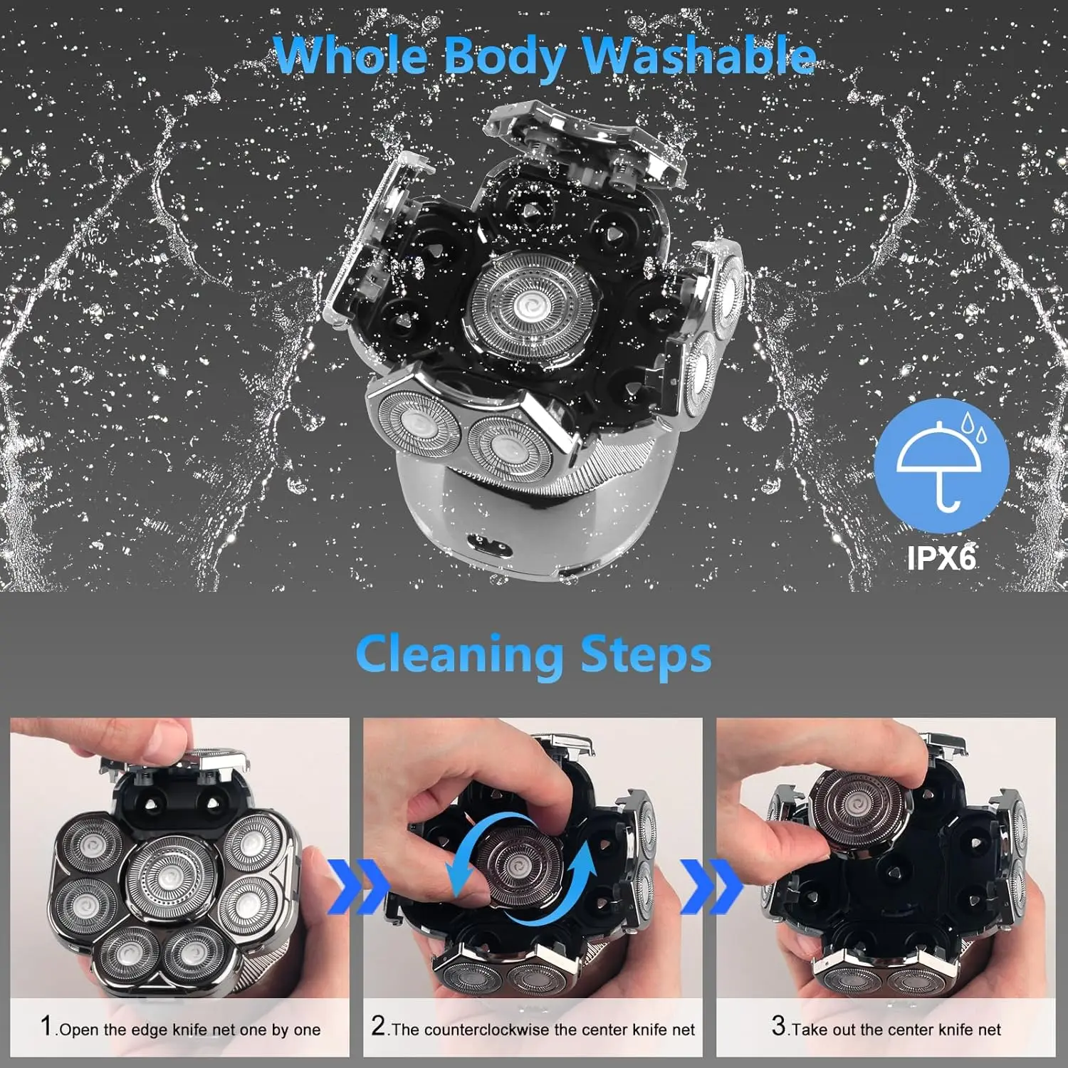 9D หัวโกนสําหรับหัวล้านผู้ชาย 6-in-1 มีดโกนหนวดไฟฟ้าสําหรับผู้ชายไร้สายชาร์จและกันน้ําหัวล้านหัวเครื่องโกนหนวดเครื่องโกนหนวดไฟฟ้า