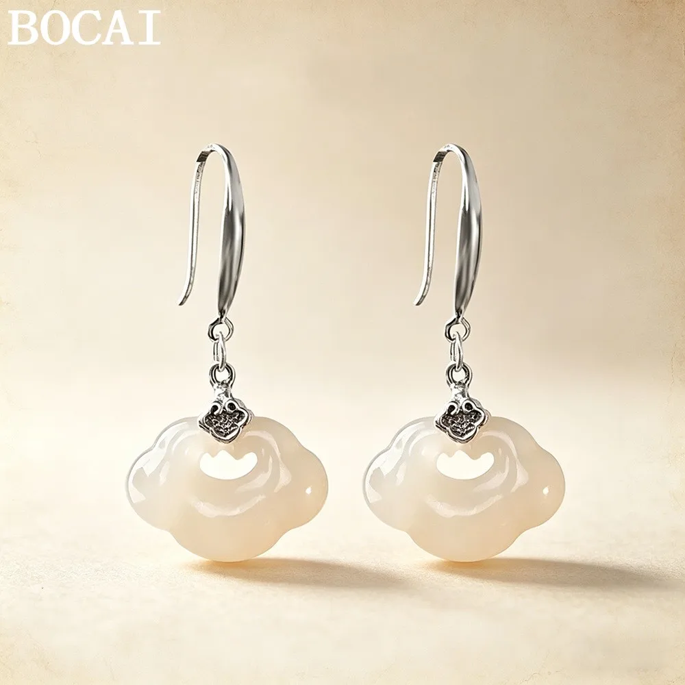 

BOCAI S925 Sterling Silver Jewelry Fashionable And Simple Hotan Jade Ruyi Small And Fresh Earrings Selected Gifts For Women
