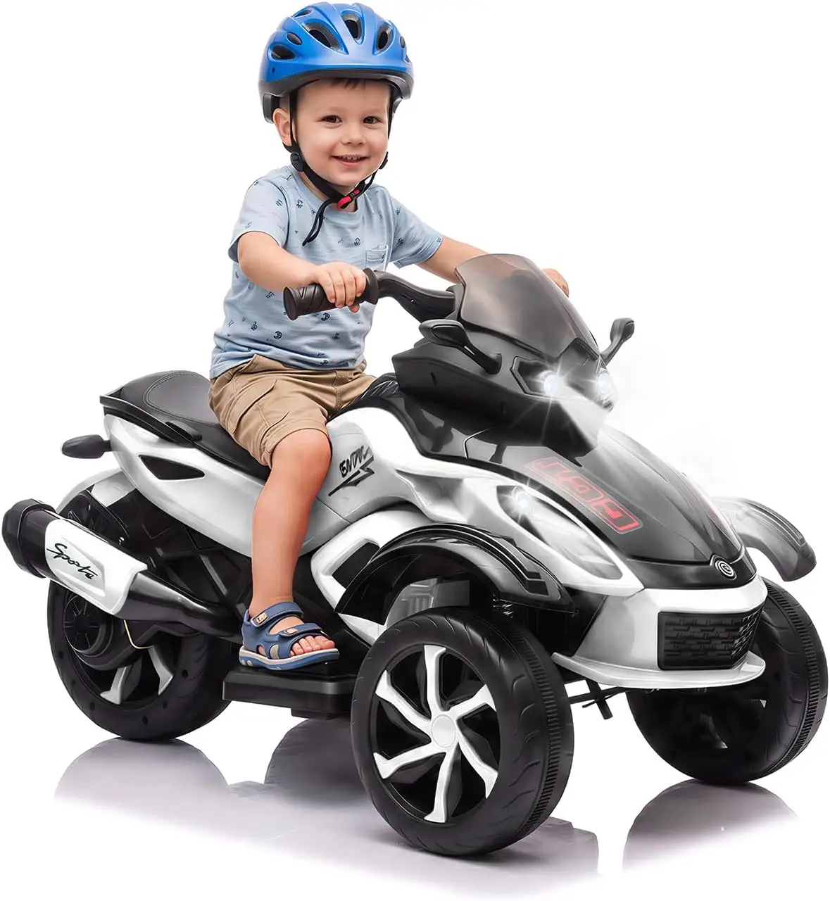 Tacleekii 12V Kids Ride-on ATV 3-Wheeler Electric Motorcycle Battery Powered Ride On Toy - LED Lights, Music & Horn - Treaded Tires for Outdoor Off-Road