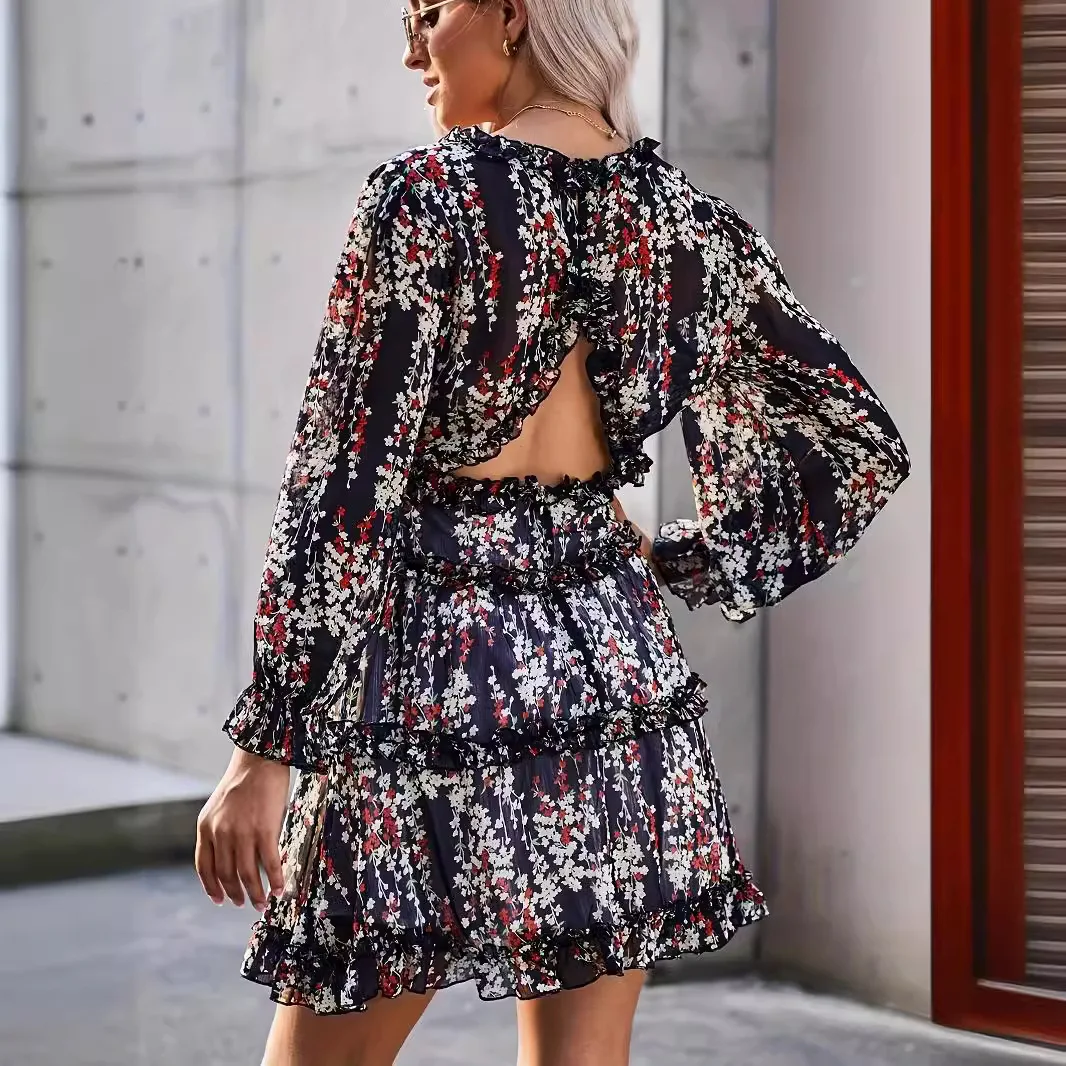 Autumn Women V-neck Long-sleeved Boho Printed Bouquet Waist A-line Dress For Women's Vacation Style Sweet Temperament Mini Dress
