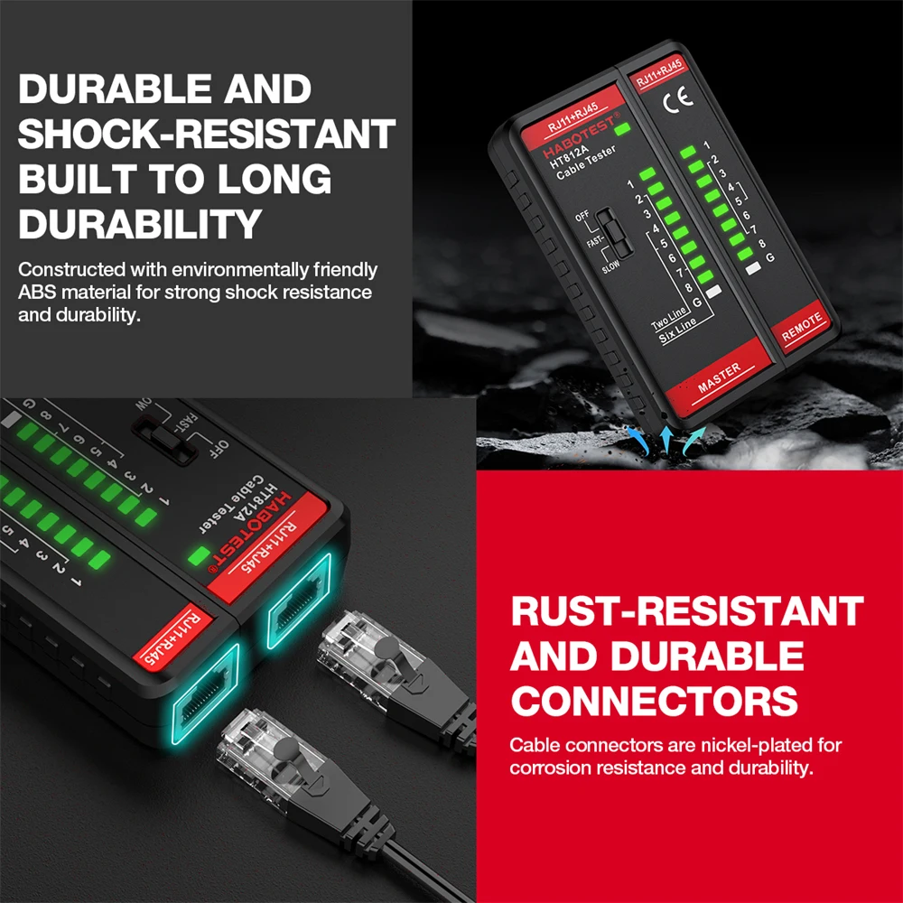HABOTEST HT812A Cable Tester Network Telephone Cable 8P 6P 4P 2P & Shielded Line Continuity Ethernet Cable Tester RJ11 RJ45 Port view 4