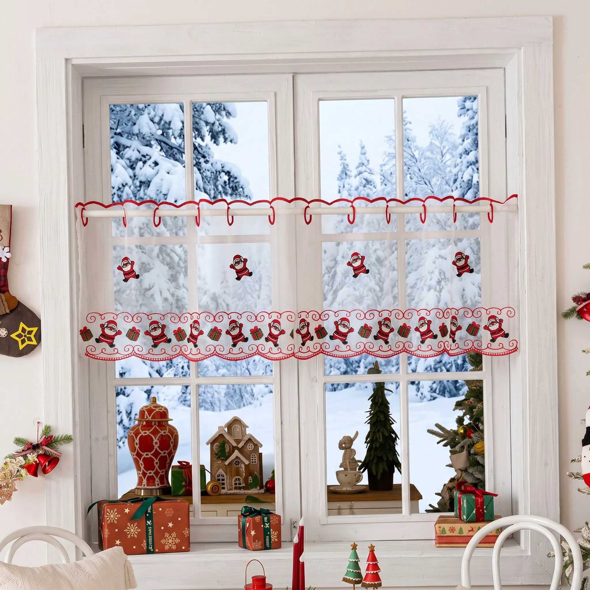 1PC Christmas embroidered window curtain,Santa Claus and gift pattern,semi transparent gauze curtain,Christmas window decoration