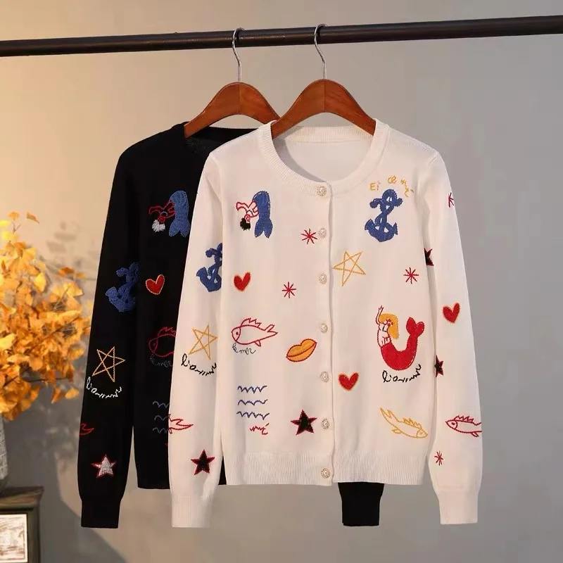 Cartoon Embroidery Sweater Women Autumn New Long Sleeve Knitted Cardigan Jacket Top Femme Knitwear Mujer Leisure Pearls Jumper