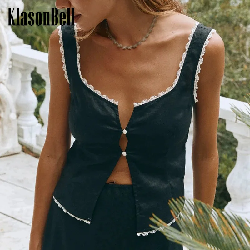 

6.28 KlasonBell Female Fashion Lace Spliced Suspender Linen Vest Sexy U-Neck Backless Lace-up Collect Waist Black Tank Top