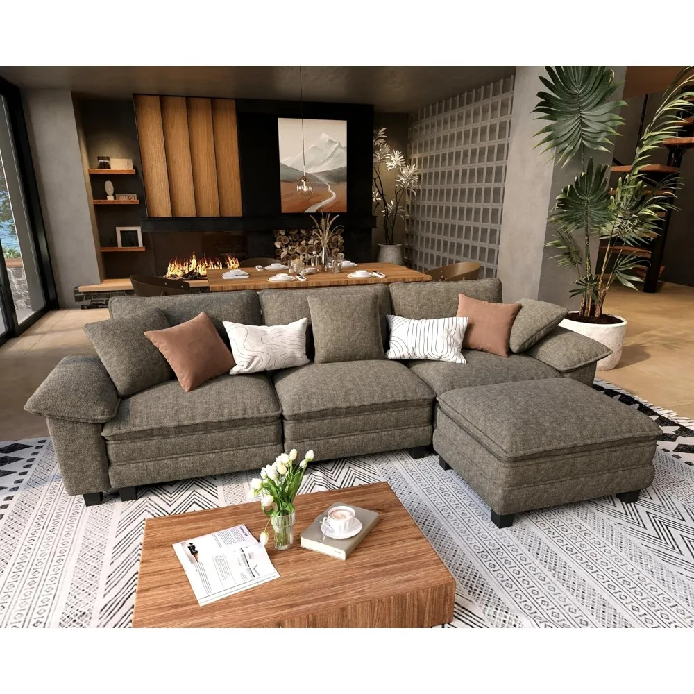 

Модульный угловой диван-облако, 123,6 дюйма, комфортный секционный диван из синели с широкими подлокотниками и пуфиком, обитый, на 4 места, на заказ