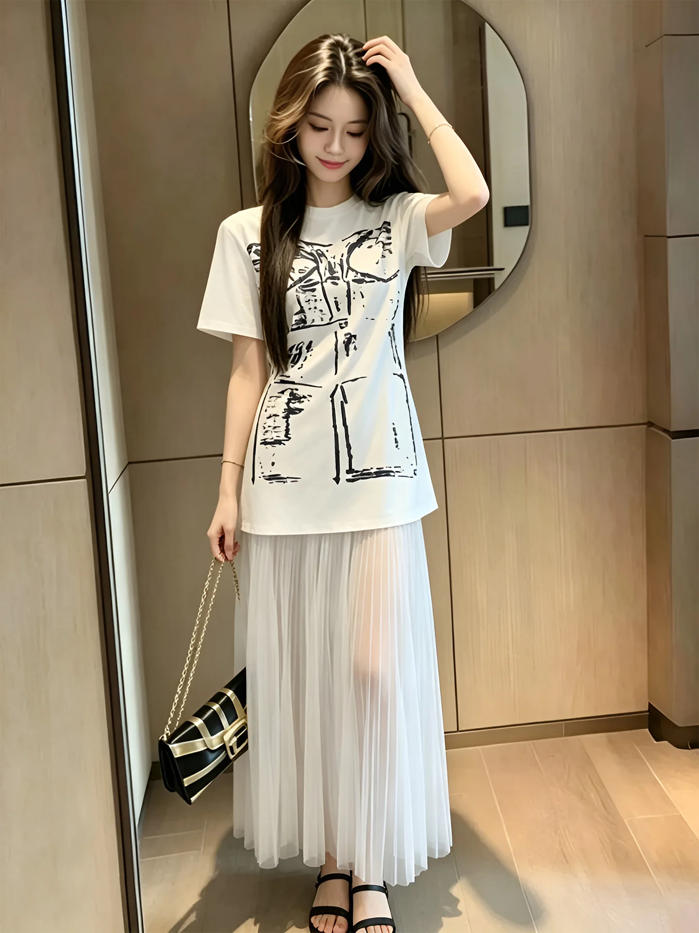Laid-back Style Floral Print Dress Mesh Skirt Two-piece Set Versatile Summer New Arrival Women's Fashion Ensemble Casual Wear