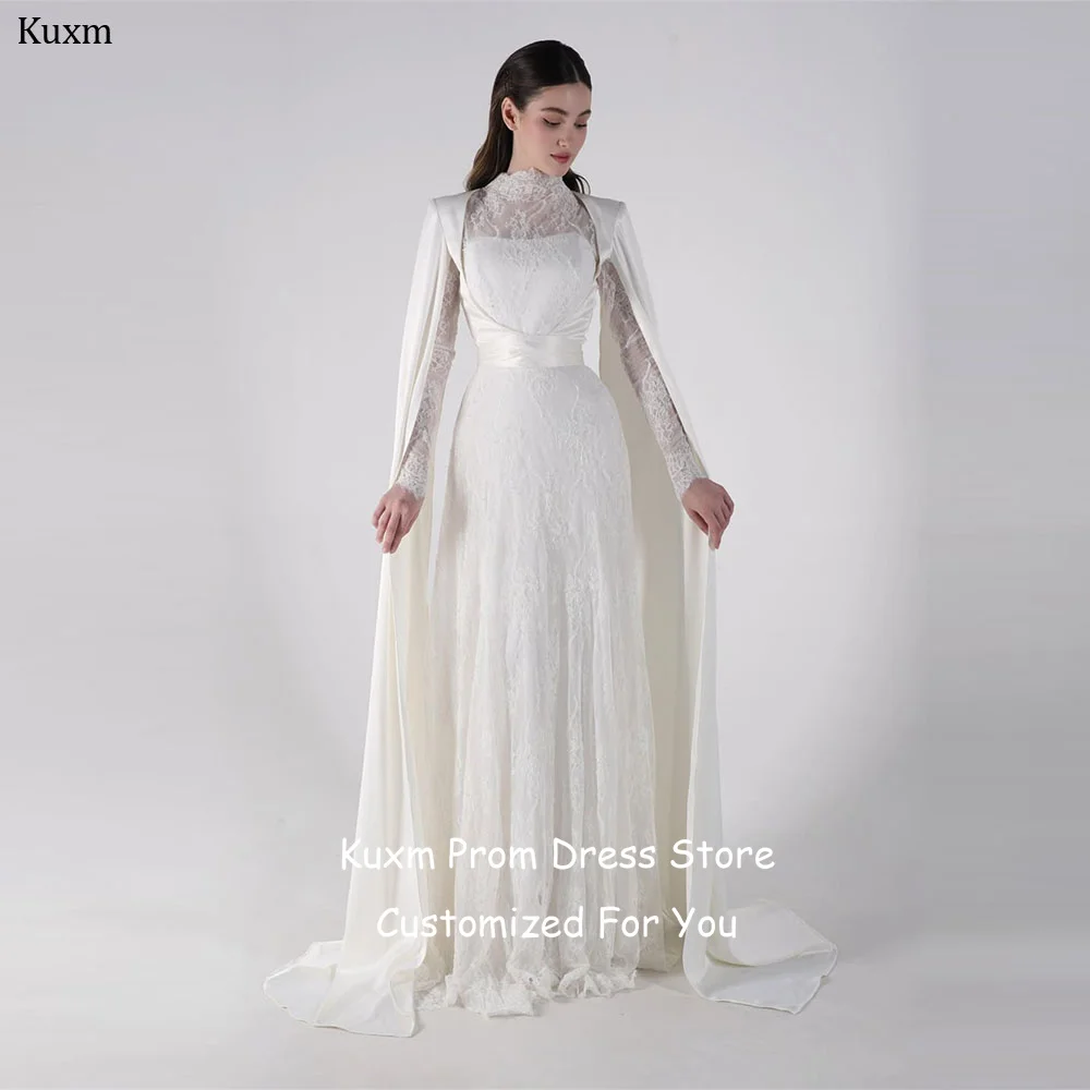 Kuxm Lace Elegant Women Wedding Dresses Formal High Neck A Line With Shawl Vestidos Long Sleeves Floor Length Dress Customized