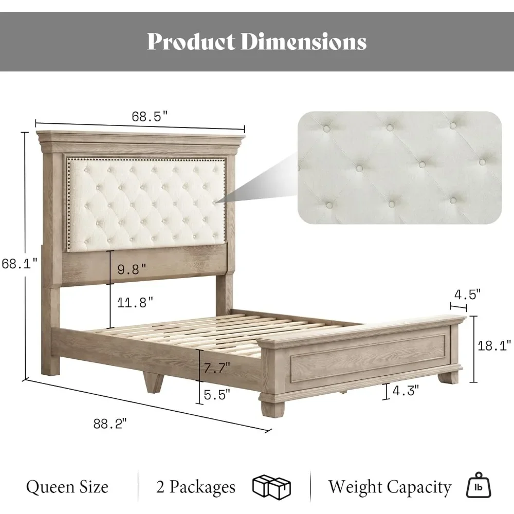 Bed Frame with Upholstered Headboard, Solid Wood Mid-Century Platform Bed, Architectural Design, No Box Spring Needed, Light Oak