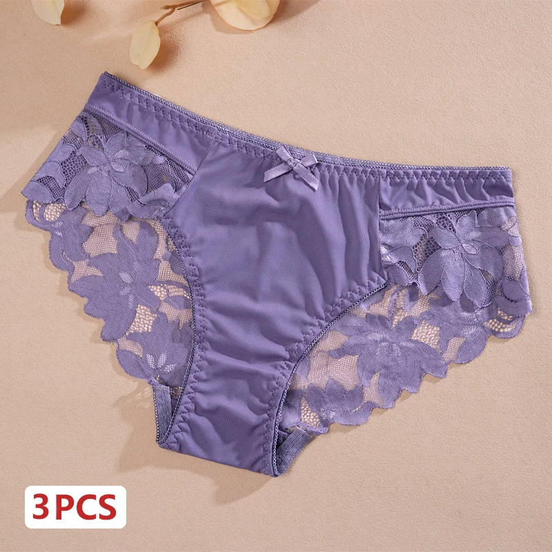 3Pcs/Set S-XXL Women's Lace Hollow Out Underwear Patchwork Seamless Panties Sexy Silk Satin Romantic Briefs Breathable Lingerie