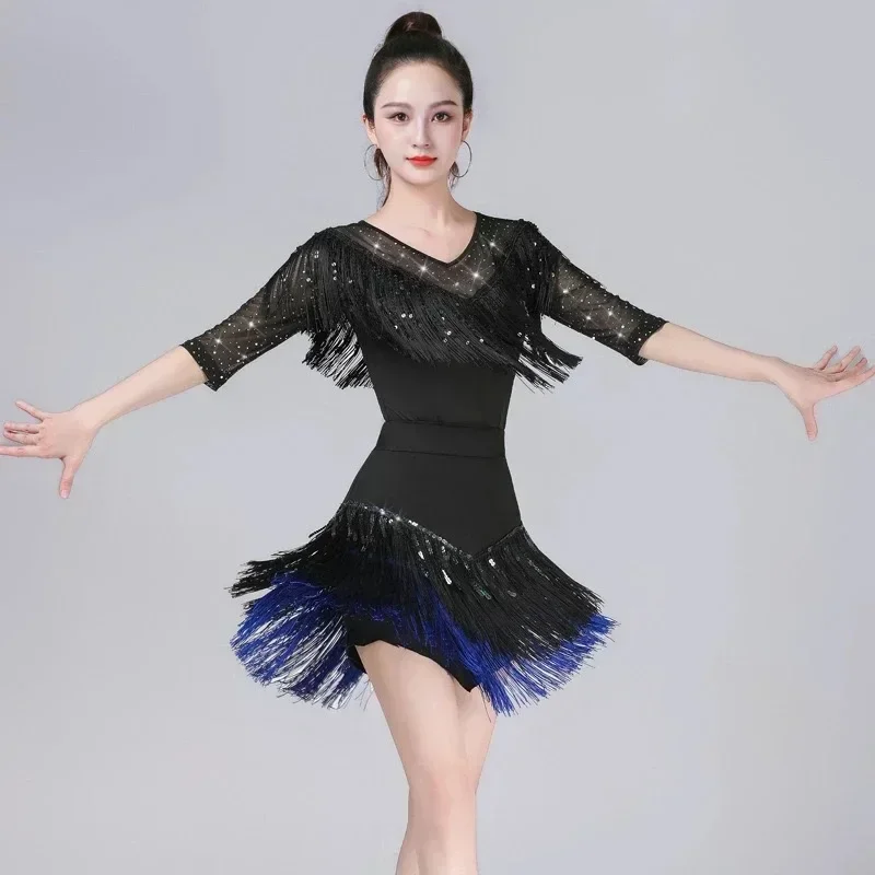Latin Dance Clothes New Adult Women Tassel Short Skirt top Three-Step Step Dance Clothes Sequin Performance clothes Suit