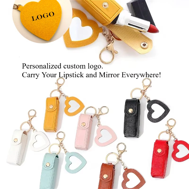 Portable Leather Lipstick Bag Keychain with Mirror Custom Logo Name Mini Makeup Pouch Protective Cover Versatile Gift for Women