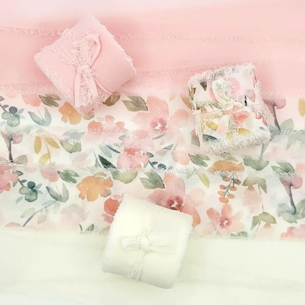 1/3 Roll Satin Ribbon Printed Flowers 4cm Width Silk Ribbon Handmade Craft Frayed Edges Frayed Edged Ribbon Wedding Bouquets
